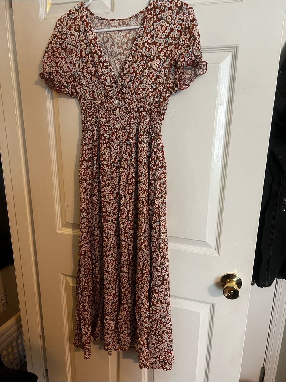 Smocked Waist Floral Midi Dress in Rust